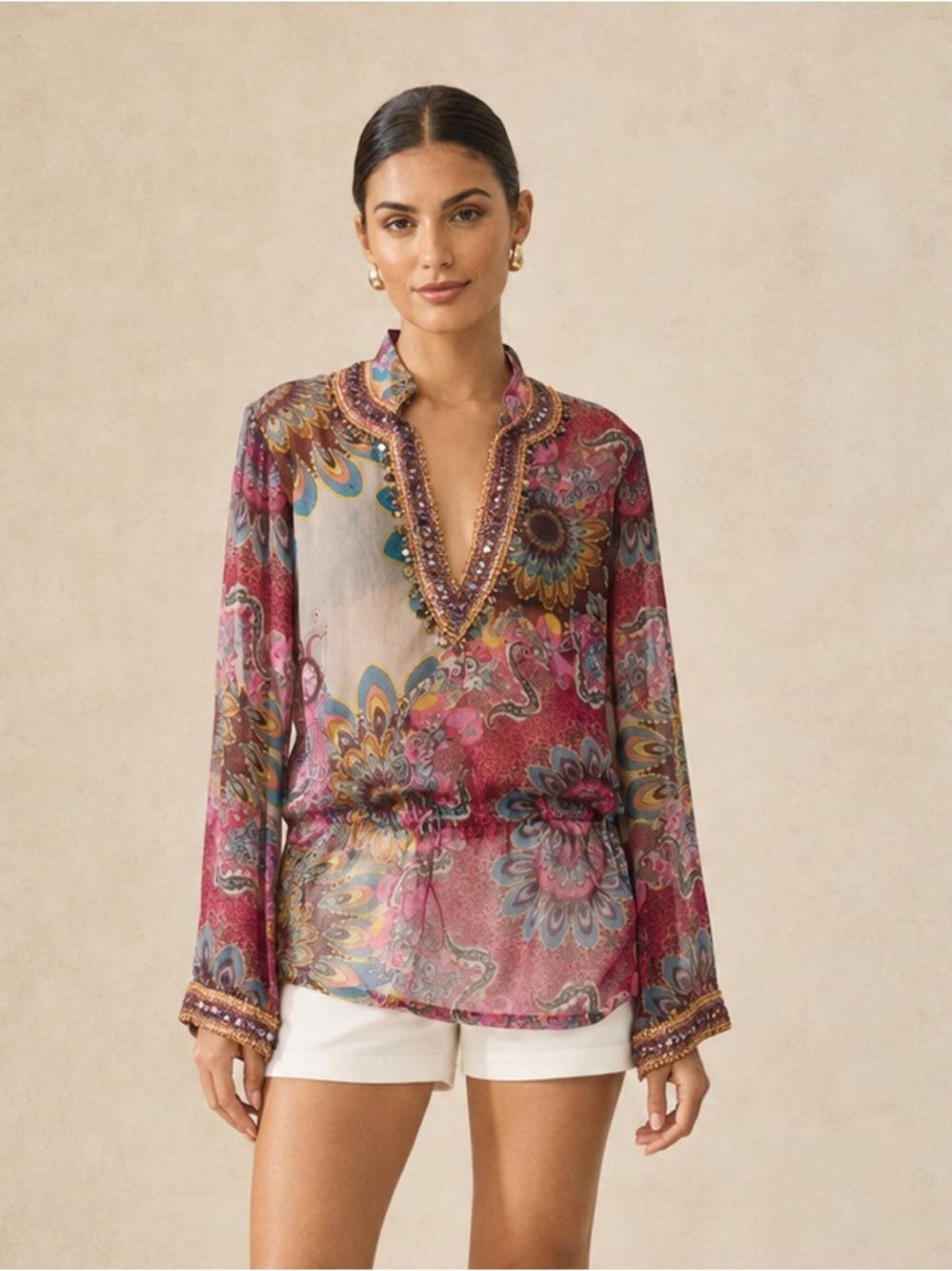 New! Monique Leshman Signature Peacock 100% Silk Hand-Beaded Paisley Tunic🩷 NWT!